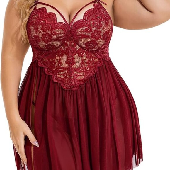 BRAND NEW Plus Size Lingerie V Neck Nighty Mesh Sleepwear Side Slit Red - Picture 1 of 5